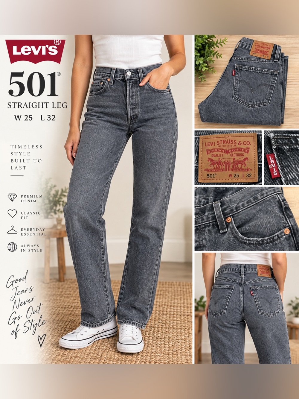 Levi's 501 Straight Leg Jeans in Washed Black size W 25 L 32